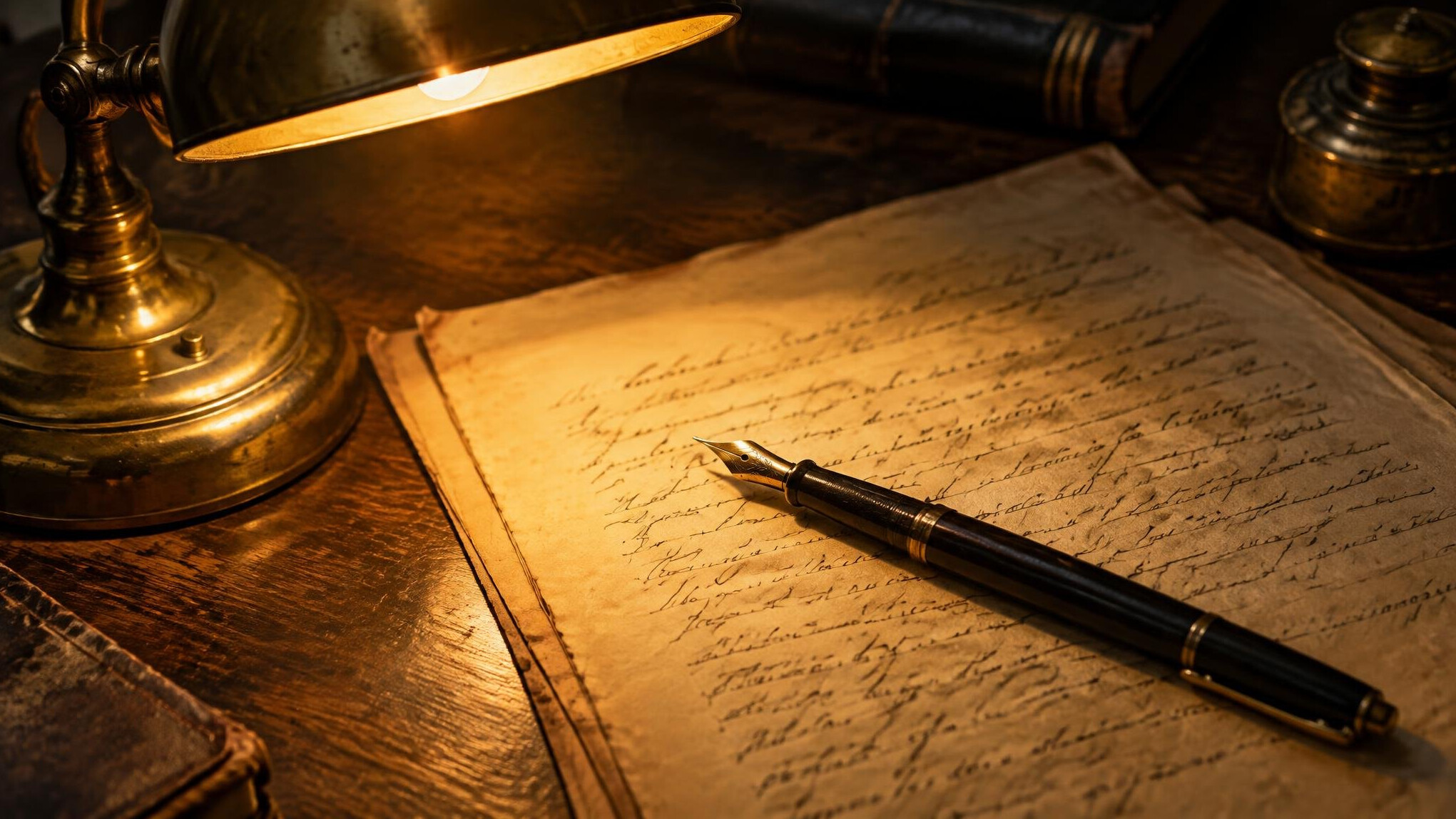 Vintage brass desk lamp illuminating a handwritten manuscript and fountain pen