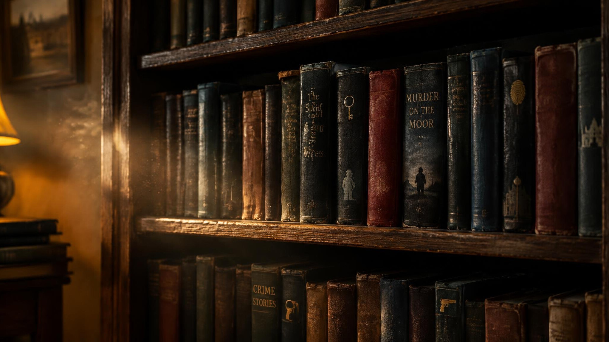 Old wooden bookshelf filled with worn hardcover mystery novels