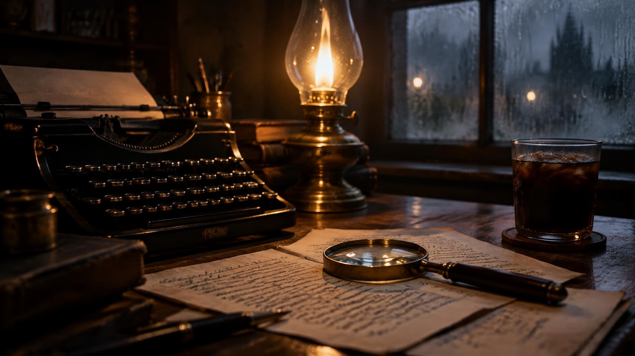 Vintage writer's desk with typewriter, oil lamp and manuscript pages in a dim study