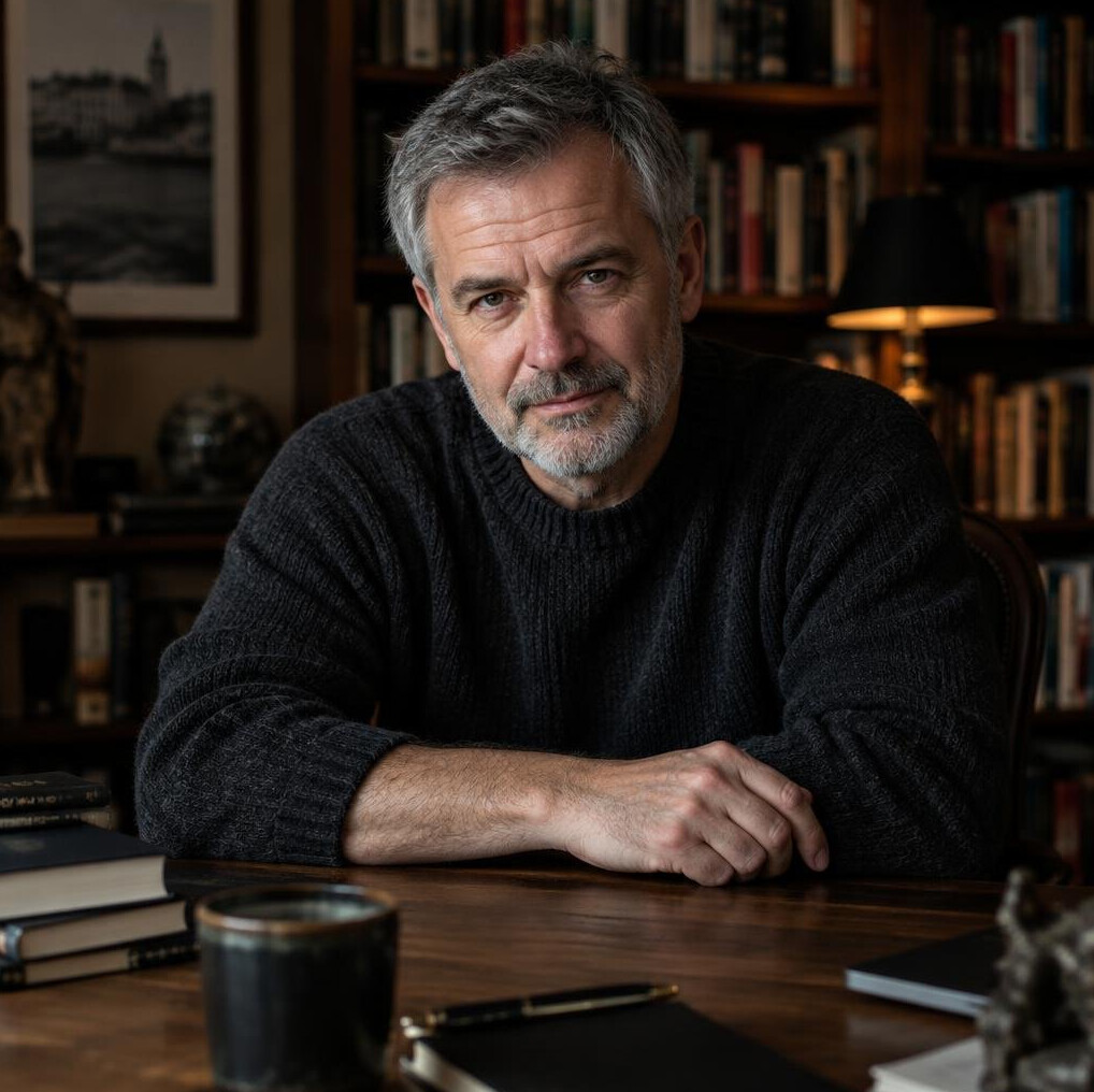 Croatian male mystery novelist in his fifties sitting in a dim study