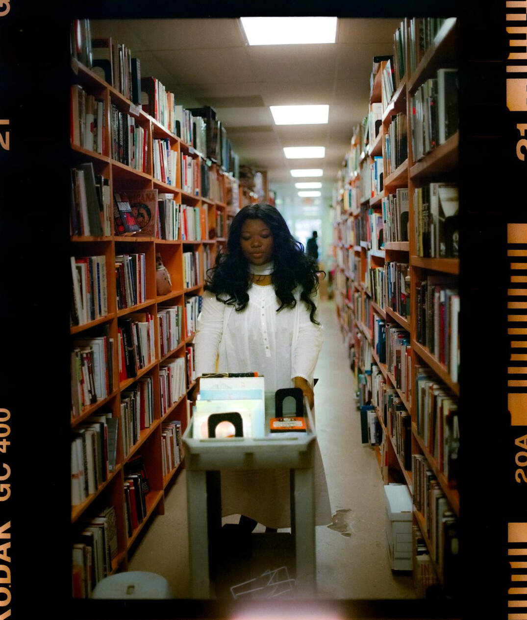 woman detective in library